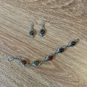 Sterling Silver Amber Earrings Bracelet Set
